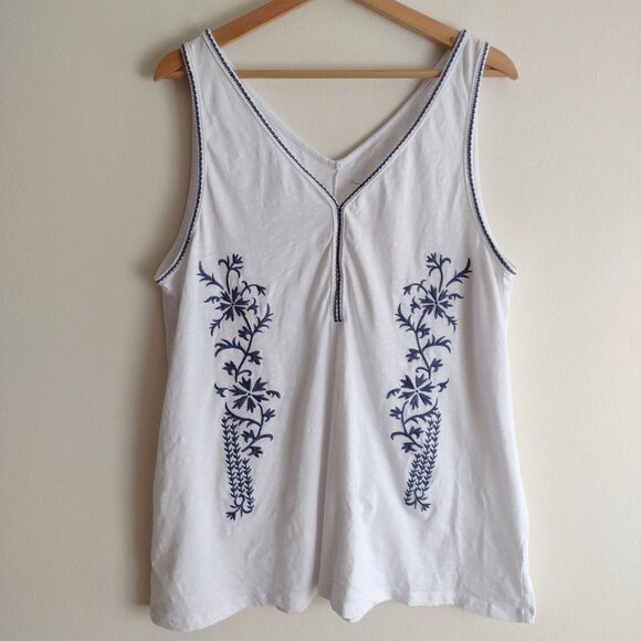 Garnet Hill Embroidered Tank Top XL Navy on White Relaxed Fit Cotton Shirt - Picture 8 of 8